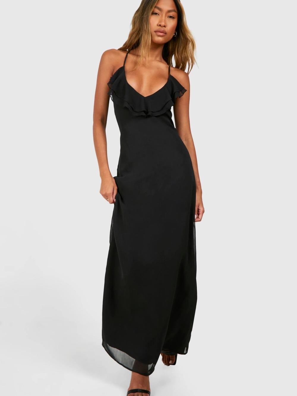 Jessica Simpson Black Ruffle V-Neck Maxi Dress